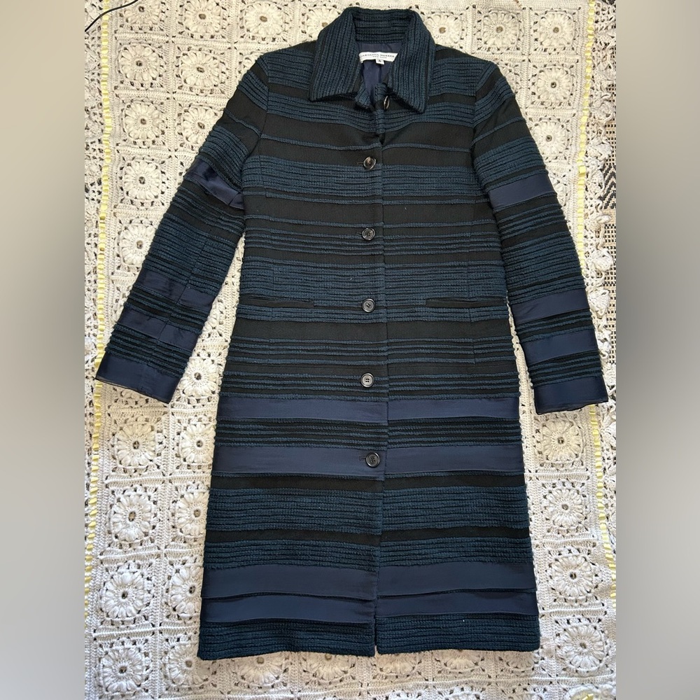 Carolina Herrera New York Navy and Black Button Up Collared Trench Dress Coat 4